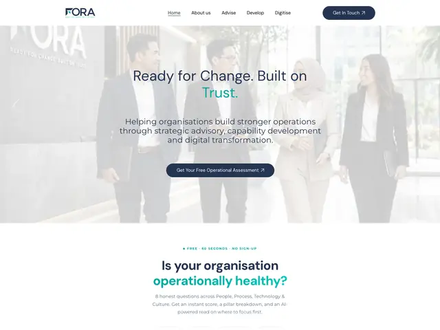 Fora Advisory homepage, scrolling through the full page