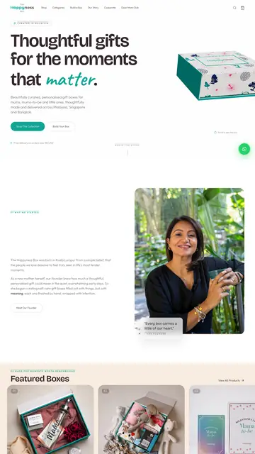 The Happyness Box homepage, scrolling through the full page